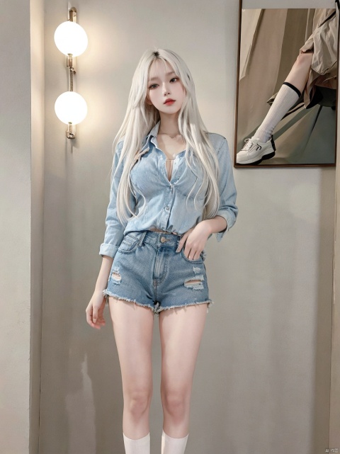  Back standing posture, Various swing beats、Looking up at the screen,white hair,long hair, Denim shortsHigh legs, high leg, White stockings, big breasts,looking down, full body,Back posture, best quality,masterpiece,highres,original,extremely detailed detailed an extremely best quality, masterpiece,extremely detailed, beautiful face, exquisite eyes, realistic, center, whole body, long hair, long legs,Casual Shoes, , high_resolution, high detail, realistic, ultra real,