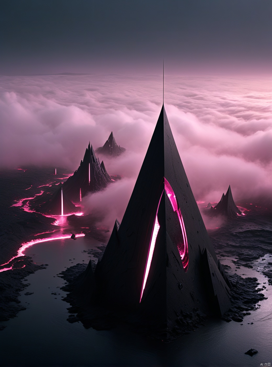  Very exquisite, 8K, foggy, independent and black, with a huge inverted triangle building floating in the center of the lava, an hourglass, light pink, and a figure on the roof. First person perspective, glowing wedding dress, tight shorts, white hair, boots, long legs, pink lines, daytime, rainy days, high details, complex details, super details, ultra clear, high-quality, futuristic, silhouette, horizon, viewing wide-angle lens, technology, high angle, futuristic style, stunning visual effects from above