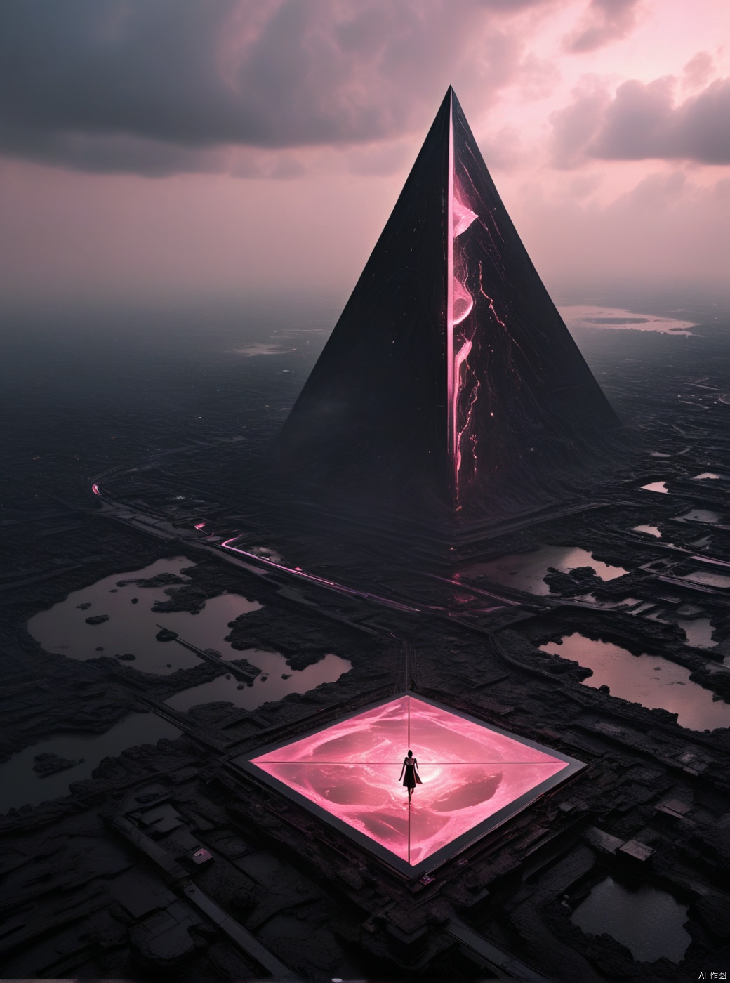  Very exquisite, 8K, foggy, independent and black, with a huge inverted triangle building floating in the center of the lava, an hourglass, light pink, and a figure on the roof. First person perspective, glowing wedding dress, tight shorts, white hair, boots, long legs, pink lines, daytime, rainy days, high details, complex details, super details, ultra clear, high-quality, futuristic, silhouette, horizon, viewing wide-angle lens, technology, high angle, futuristic style, stunning visual effects from above