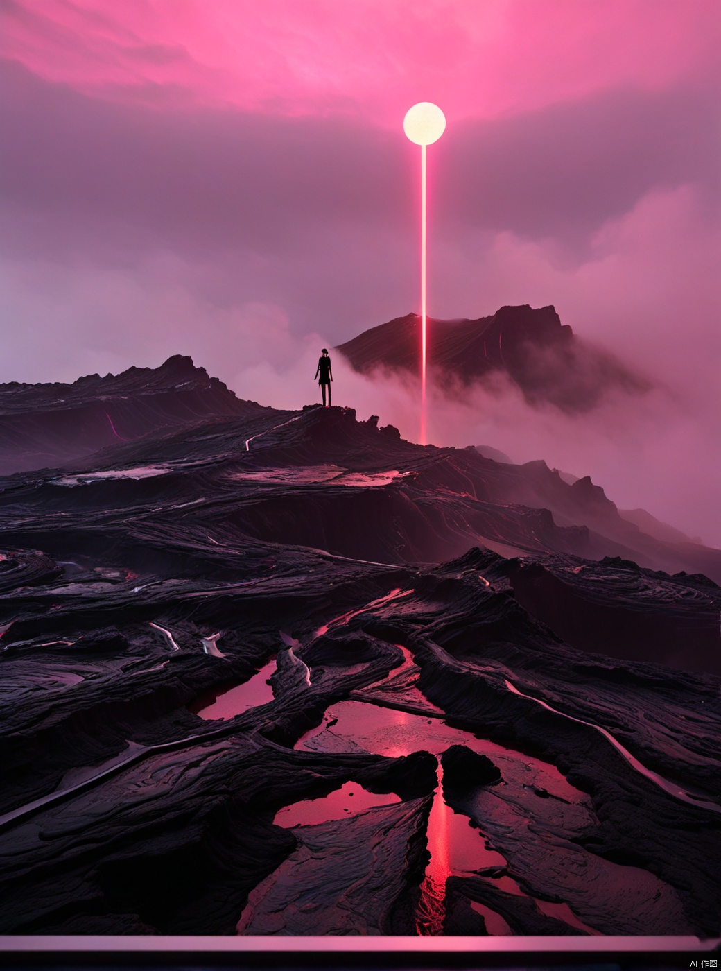  Very exquisite, 8K, foggy, independent and black, with a huge inverted triangle building floating in the center of the lava, an hourglass, light pink, and a figure on the roof. First person perspective, glowing wedding dress, tight shorts, white hair, boots, long legs, pink lines, daytime, rainy days, high details, complex details, super details, ultra clear, high-quality, futuristic, silhouette, horizon, viewing wide-angle lens, technology, high angle, futuristic style, stunning visual effects from above