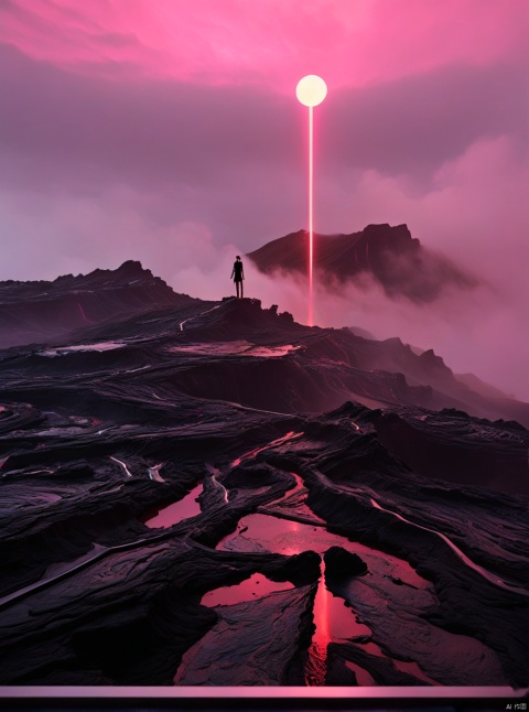  Very exquisite, 8K, foggy, independent and black, with a huge inverted triangle building floating in the center of the lava, an hourglass, light pink, and a figure on the roof. First person perspective, glowing wedding dress, tight shorts, white hair, boots, long legs, pink lines, daytime, rainy days, high details, complex details, super details, ultra clear, high-quality, futuristic, silhouette, horizon, viewing wide-angle lens, technology, high angle, futuristic style, stunning visual effects from above