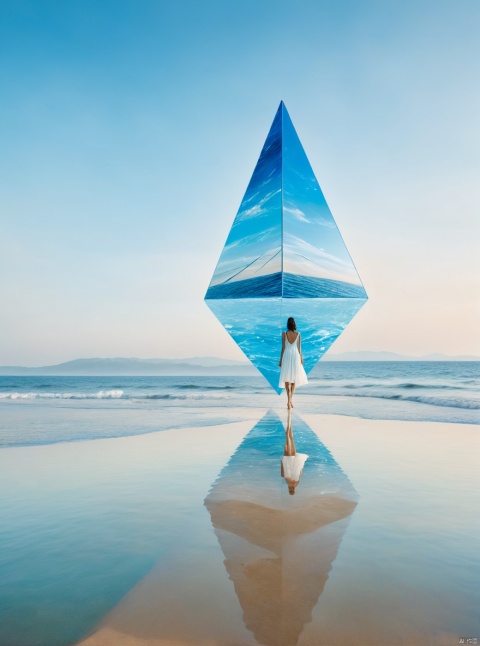 Blue and blue seaside ripples, layers of waves, satellite image view, with a huge three triangular building reflected in the center floating on the beach. There are many pendants in the sky, and a girl standing in the distance in a corner, shining split dress, white hair, boots, long legs, white lines, daytime, high details, complex details, super details, ultra clear, high-quality, watching wide-angle shots, high angles, kyoshitsu