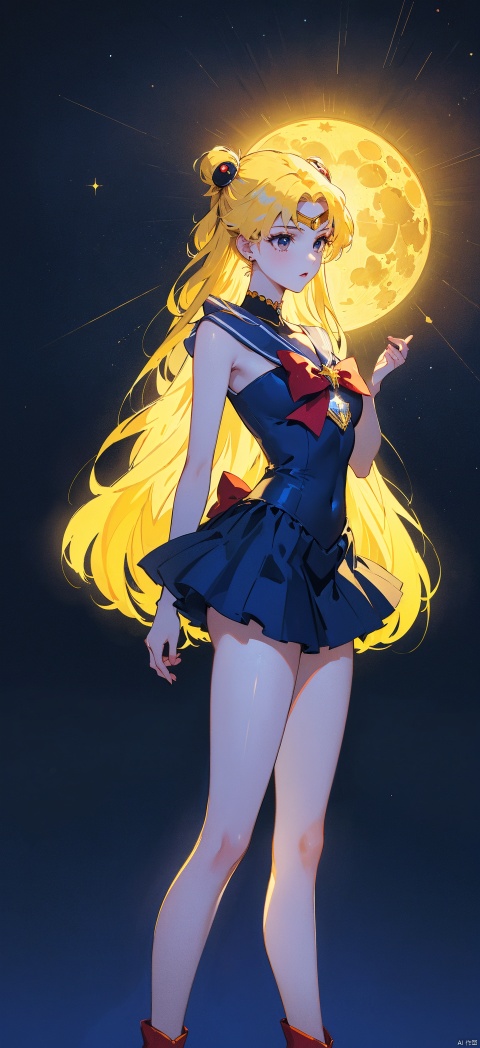  1 girl, with long yellow hair, high legs, high legs, high kicks, exquisite black stockings, medium chest, slender waist, looking down, the best quality, masterpiece, original, very, very good quality, representative work, very detailed, beautiful face, black eyes, long hair, long legs, red boots, seductive eyes, sailor moon, starry background, moon background, modern technology city

, sssr, klein_blue
