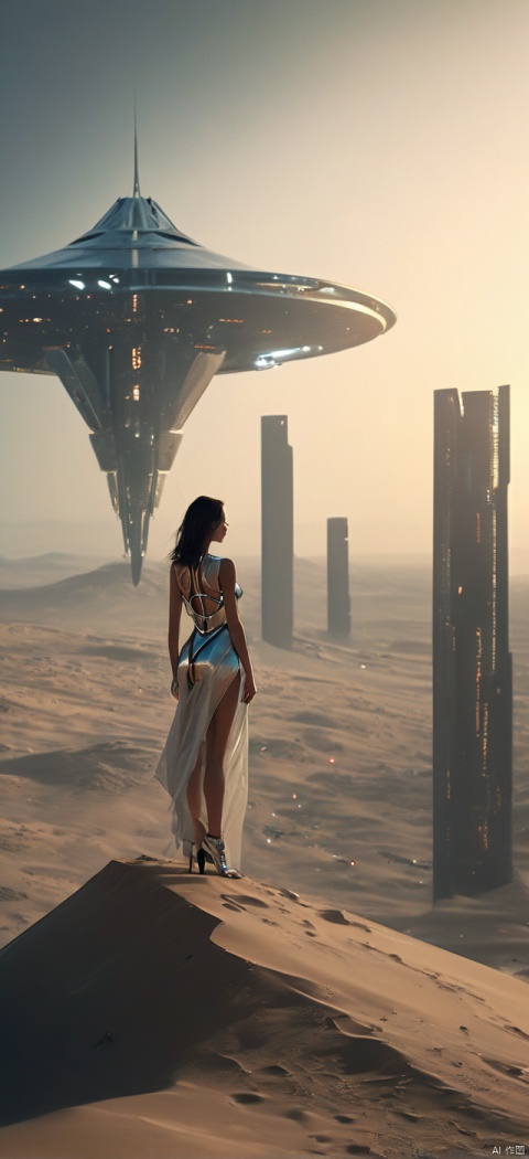Very exquisite, 8K, beautiful: 1.2. On the roof, a girl stands in front of an inverted equilateral triangle, a huge inverted triangle building, a tight fitting, wedding dress, glowing body, very beautiful. High heels, long legs, desert, inverted triangle building, high details, complex details, super details, super clarity, high quality, overlooking the city, Trisolarans civilization, sand dunes, spacecraft filled with space in the sky, with a sense of technology and futurism, At night, standing at the top of the city, her entire body (revealing her lower body), silhouettes, smiles, horizon, cyberpunk, standing on the roof, gazing at wide-angle shots, high angles, futuristic styles, and stunning visual backgrounds from above,