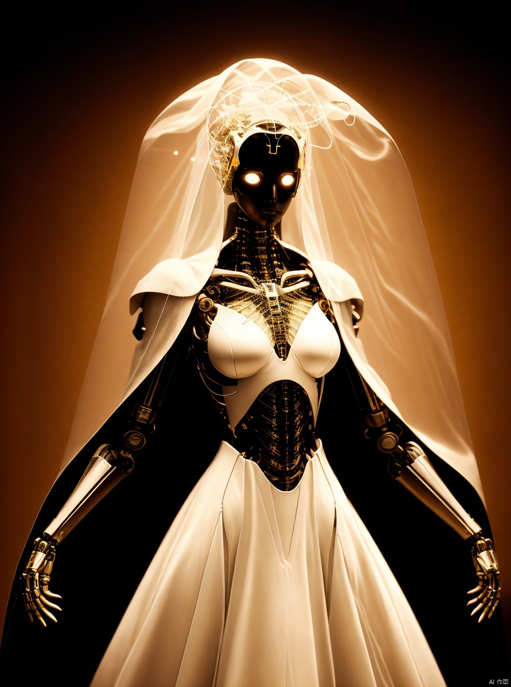  Soft lighting, vivid lighting, exquisite technology, natural expression, 1 girl, symbol of peace, black metal Bayer card, robot stunts, solo, nude lower body, enticing posture, sexy posture, science fiction novel, mecha head shape, chest circular light, wedding dress, humanoid, sacred geometry, huge breasts, shadow art, nervous system, wireframe, fractal, infrared photography, extraordinary and non-traditional colors, surreal scenery, transparent mechanical body, 1 boy, cloak, knollingcase, surprising background, yinyou, dofas