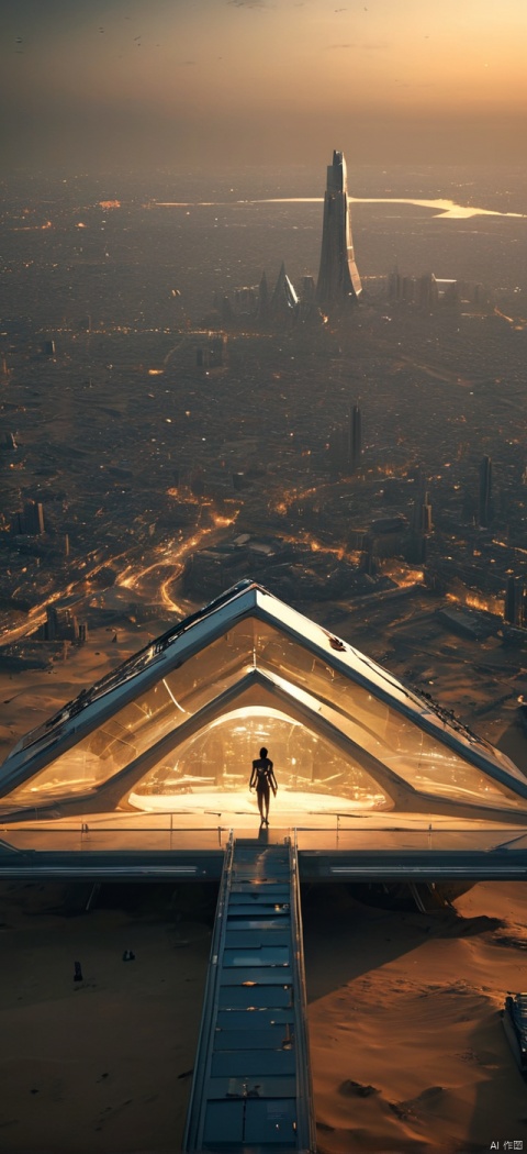 Inverted triangular building floating in the air, very exquisite at night, 8K, beautiful: 1.2. A girl stands in front of a giant inverted triangle building (equilateral triangle), with a wedding dress, glowing all over her body, high heels, long legs, inverted triangle building, high details, complex details, super details, super clarity, high quality, overlooking the city, the Trisolaran civilization, sand dunes, with a sense of science and technology, futurism, space station, subverting the city, Saturn, standing at the top of the city, her entire body (revealing the lower body), silhouette, smile, Horizon, cyberpunk, standing on the roof, looking at the wide-angle lens, high angle, futuristic style, and stunning visual background from above,