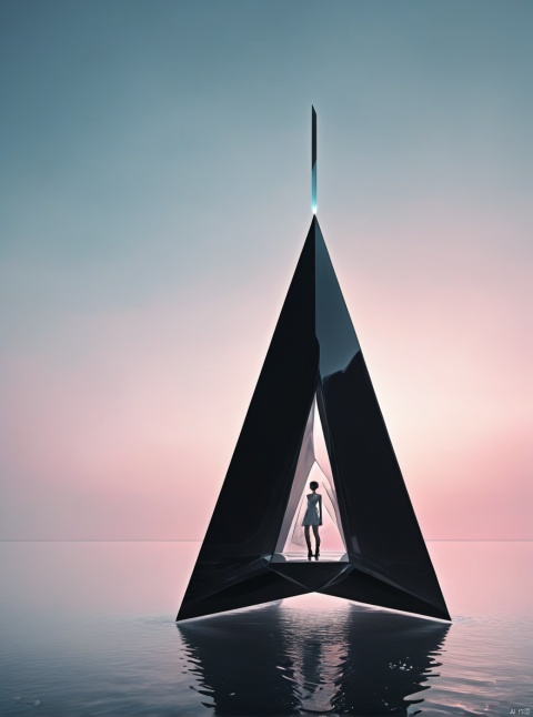 Very exquisite, 8K, independent and black with a huge inverted triangular building floating in the center of the snow, hourglass, light pink, with a figure on the roof and water surface. First person perspective, glowing wedding dress, tight shorts, white hair, boots, long legs, pink lines, daytime, rainy days, high details, complex details, super details, ultra clear, high-quality, futuristic, silhouette, horizon, looking at wide-angle lens, technological, high angle, futuristic style, stunning visual effects from above