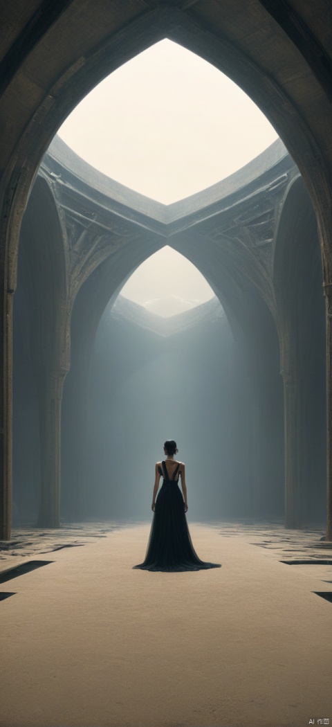 Very exquisite, 8K, beautiful: 1.3. On the roof, a girl stands in the hall from a super far perspective, with a spectacular triangular ceiling, grand architecture (equilateral triangle), a sense of technology, black wedding dress, glowing body, very beautiful, high heels, long legs, indoor, high details, complex details, super details, ultra clarity, high quality, three body civilization, sand dunes, a sense of technology, futurism, her entire body (revealing lower body), aerial objects, Outline, fierce, horizon, cyberpunk, from above, wide-angle lens, high angle, futuristic style, and stunning visual effects,