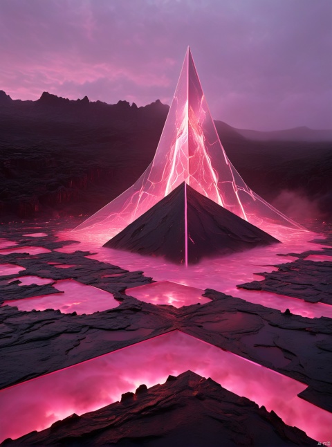  Very exquisite, 8K, foggy, independent and black, with a huge inverted triangle building floating in the center of the lava, an hourglass, light pink, and a figure on the roof. First person perspective, glowing wedding dress, tight shorts, white hair, boots, long legs, pink lines, daytime, rainy days, high details, complex details, super details, ultra clear, high-quality, futuristic, silhouette, horizon, viewing wide-angle lens, technology, high angle, futuristic style, stunning visual effects from above