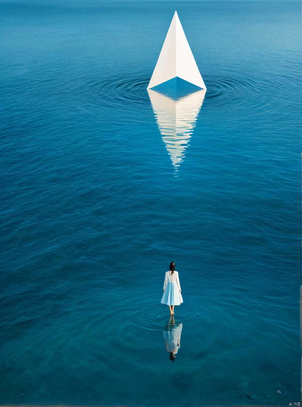 Blue and blue seaside ripples, layers of waves, satellite image view, with a huge three triangular building reflected in the center floating on the beach. There are many pendants in the sky, and a girl standing in the distance in a corner, shining split dress, white hair, boots, long legs, white lines, daytime, high details, complex details, super details, ultra clear, high-quality, watching wide-angle shots, high angles, kyoshitsu