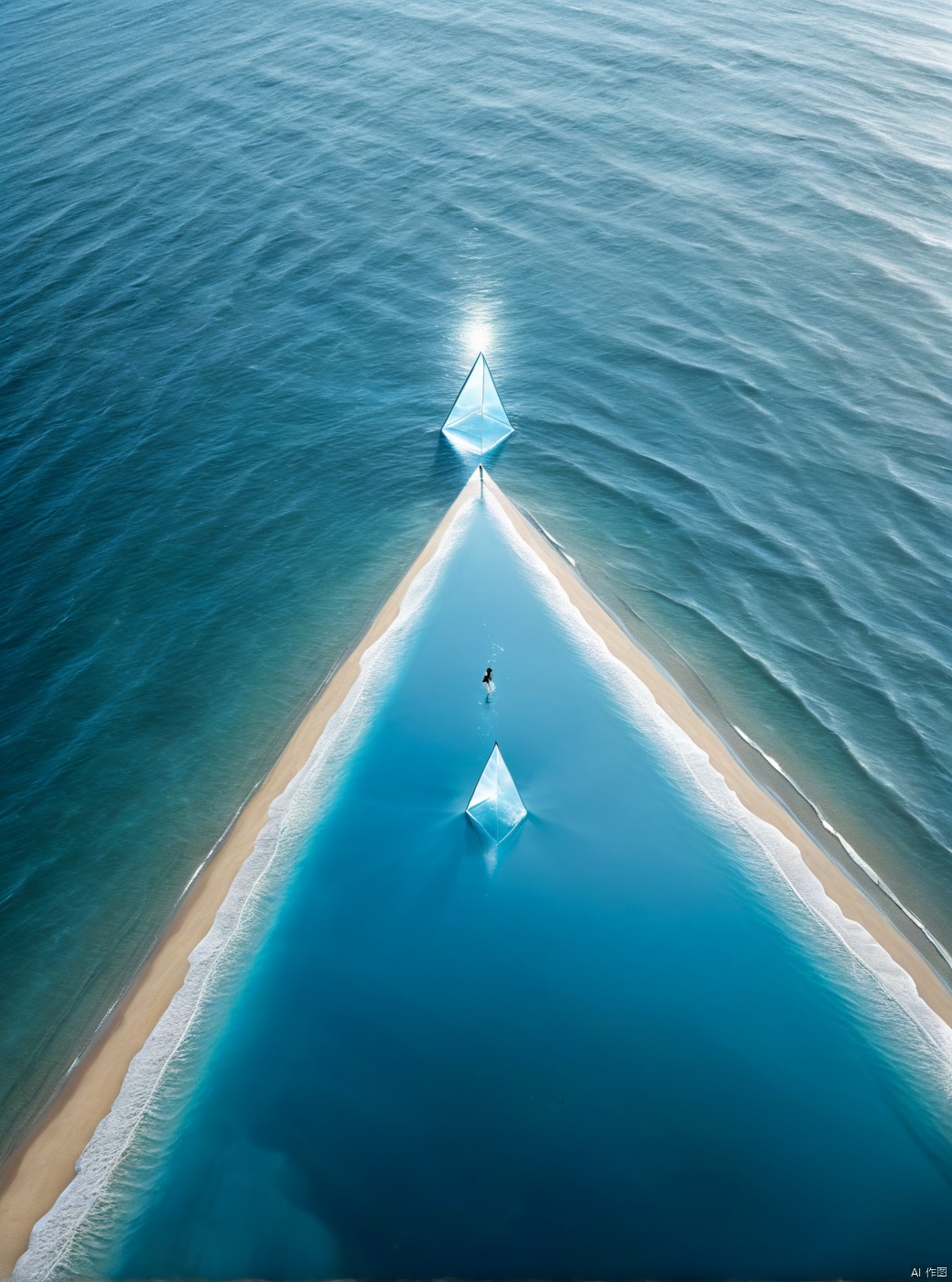 Blue and blue seaside ripples, layers of waves, satellite image view, with a huge three triangular building reflected in the center floating on the beach. There are many pendants in the sky, and a girl standing in the distance in a corner, shining split dress, white hair, boots, long legs, white lines, daytime, high details, complex details, super details, ultra clear, high-quality, watching wide-angle shots, high angles, kyoshitsu