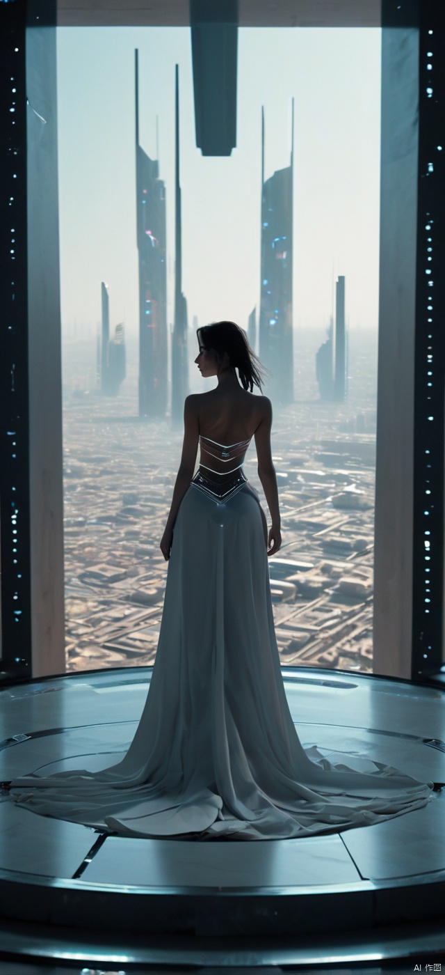 Very exquisite, 8K, beautiful: 1.2. On the roof, a girl stands in front of an inverted equilateral triangle, tight fitting, wedding dress, glowing body, very beautiful, high heels, long legs, desert, inverted triangle architecture, high details, complex details, super details, super clarity, high quality, city, overlooking the city, city, three body civilization, spacecraft filled with space in the sky, with a sense of technology, futurism, daytime, Standing at the top of the city, her entire body (revealing her lower body), aerial objects, silhouettes, smiles, horizon, cyberpunk, looking at wide-angle shots, high angles, futuristic style, and stunning visual effects from above,