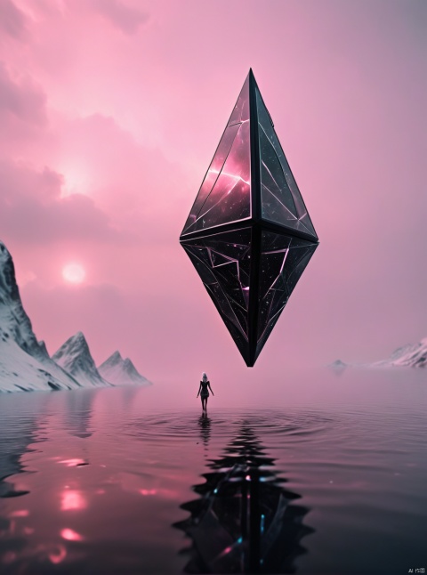 Very exquisite, 8K, independent and black with a huge inverted triangular building floating in the center of the snow, hourglass, light pink, with a figure on the roof and water surface. First person perspective, glowing wedding dress, tight shorts, white hair, boots, long legs, pink lines, daytime, rainy days, high details, complex details, super details, ultra clear, high-quality, futuristic, silhouette, horizon, looking at wide-angle lens, technological, high angle, futuristic style, stunning visual effects from above