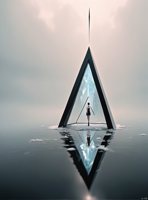 Very exquisite, 8K, independent and black with a huge inverted triangular building floating in the center of the snow, hourglass, light pink, with a figure on the roof and water surface. First person perspective, glowing wedding dress, tight shorts, white hair, boots, long legs, pink lines, daytime, rainy days, high details, complex details, super details, ultra clear, high-quality, futuristic, silhouette, horizon, looking at wide-angle lens, technological, high angle, futuristic style, stunning visual effects from above