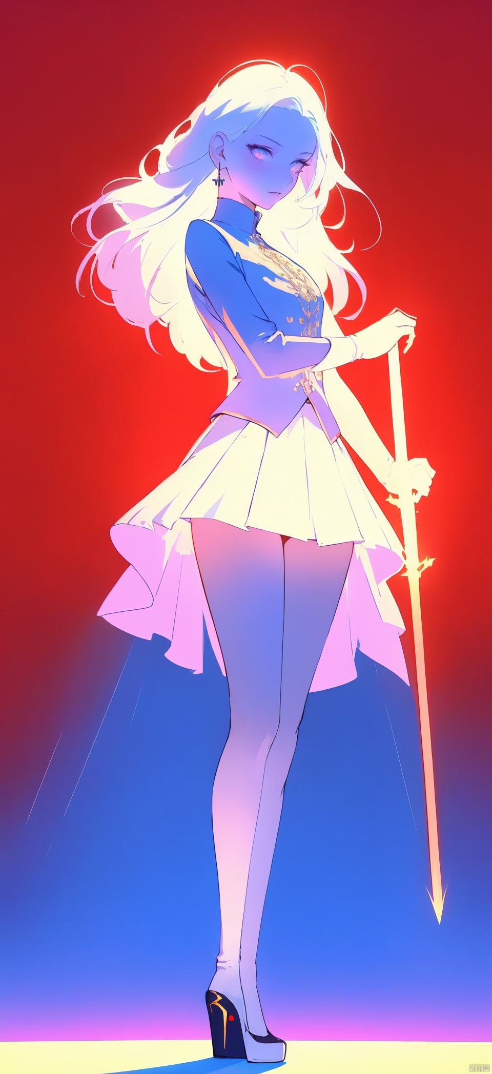 8K, extremely exquisite, high-quality, a girl wielding a sword, 2/4 perspective, ultra wide angle, luminous earrings, high cold, luminous eyes, white hair, white skin, long hair, pleated skirt, long stockings, high heels, big chest, top light, red background, elegant, C4D, OC rendering, modern style
