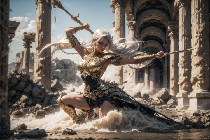 (1 valkyrie warrior girl, solo, long delicated silver hair, bright golden eyes, (((full body photoshot))), stunning detailed white armature with golden filigree decoration, impressive strong, proud look, looking straight), walking straight, abandoned destroyed greek temple location, earthquake effect, debri rocks floating, r1ge, close-up upper body,perfecteyes