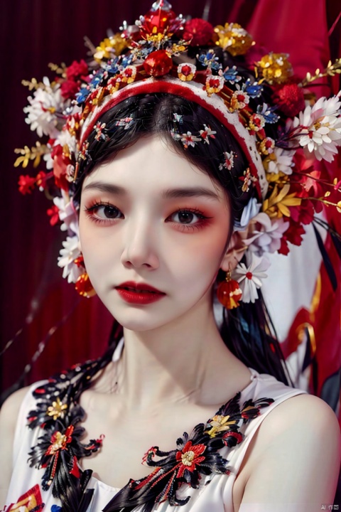  a woman in a red and gold costume with a red necklace and headpiece with a cross on it,Chen Lin,highly detailed digital painting,a photorealistic painting,cloisonnism,
((Phoenix Crown)),Beaded Flower,Pom-pom,
absurdres,colorful,black hair,big eyes,thickeyebrows,pupils,bright_pupils,long_eyelashes,mascara,lipstick,eyeshadow,red_lips_,facepaint,my京剧花旦v1s:0.99>,