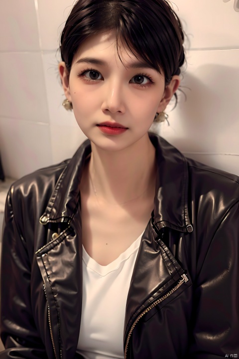 1girl, earrings, jacket, leather, lips, looking at viewer, realistic, short hair, solo, upper body