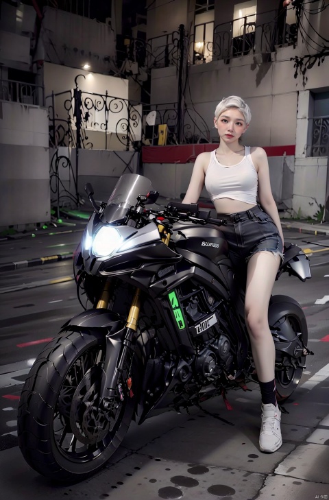  ((one woman with short white hair)) night,dark environment,ruins, corner,Epic CG masterpiece,Asuka Langley Soryu,hdr,dtm, full ha,Standing gracefully next to the motorcycle,side shot,,black body,red lamp,green Neon special effects,vehicle focus,night,1girl stands next to a motorcycle,,8K, ultra detailed graphic tension, dynamic poses, stunning colors, 3D rendering, surrealism, cinematic lighting effects, realism, 00renderer,superrealistic,fullbodyphotos,supervista,superwideAngle,HD,,(1girl),(fullbody:1.5),Longlegs,,lora:girl_20231002050803:0.8,lora:赛博朋克摩托车_1.5:0.2,lora:QX-04fushi:0.2