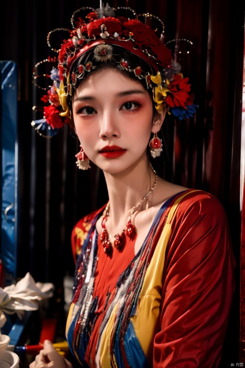  a woman in a red and gold costume with a red necklace and headpiece with a cross on it,Chen Lin,highly detailed digital painting,a photorealistic painting,cloisonnism,
((Phoenix Crown)),Beaded Flower,Pom-pom,
absurdres,colorful,black hair,big eyes,thickeyebrows,pupils,bright_pupils,long_eyelashes,mascara,lipstick,eyeshadow,red_lips_,facepaint,my京剧花旦v1s:0.99>,