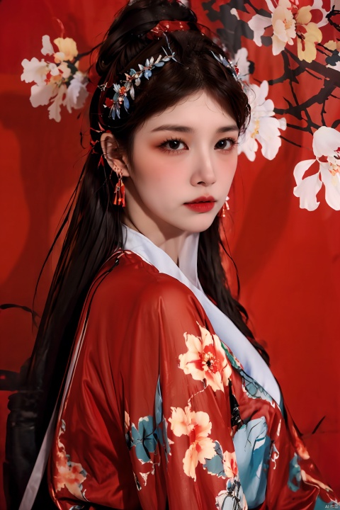  1girl, solo, long hair, looking at viewer, brown hair, black hair, hair ornament, long sleeves, ribbon, jewelry, closed mouth, upper body, flower, earrings, hair flower, from side, chinese clothes, red background, branch, red theme, Hanama wine