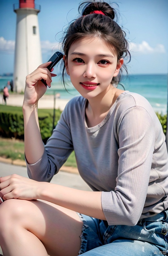  (Good structure), DSLR Quality,Depth of field ,looking_at_viewer,Dynamic pose, , kind smile, 
 ((masterpiece, highest quality, Highest image quality, High resolution, photorealistic, Raw photo, 8K)), lighthouse, lighthouse keeper,zixia,heiguafu