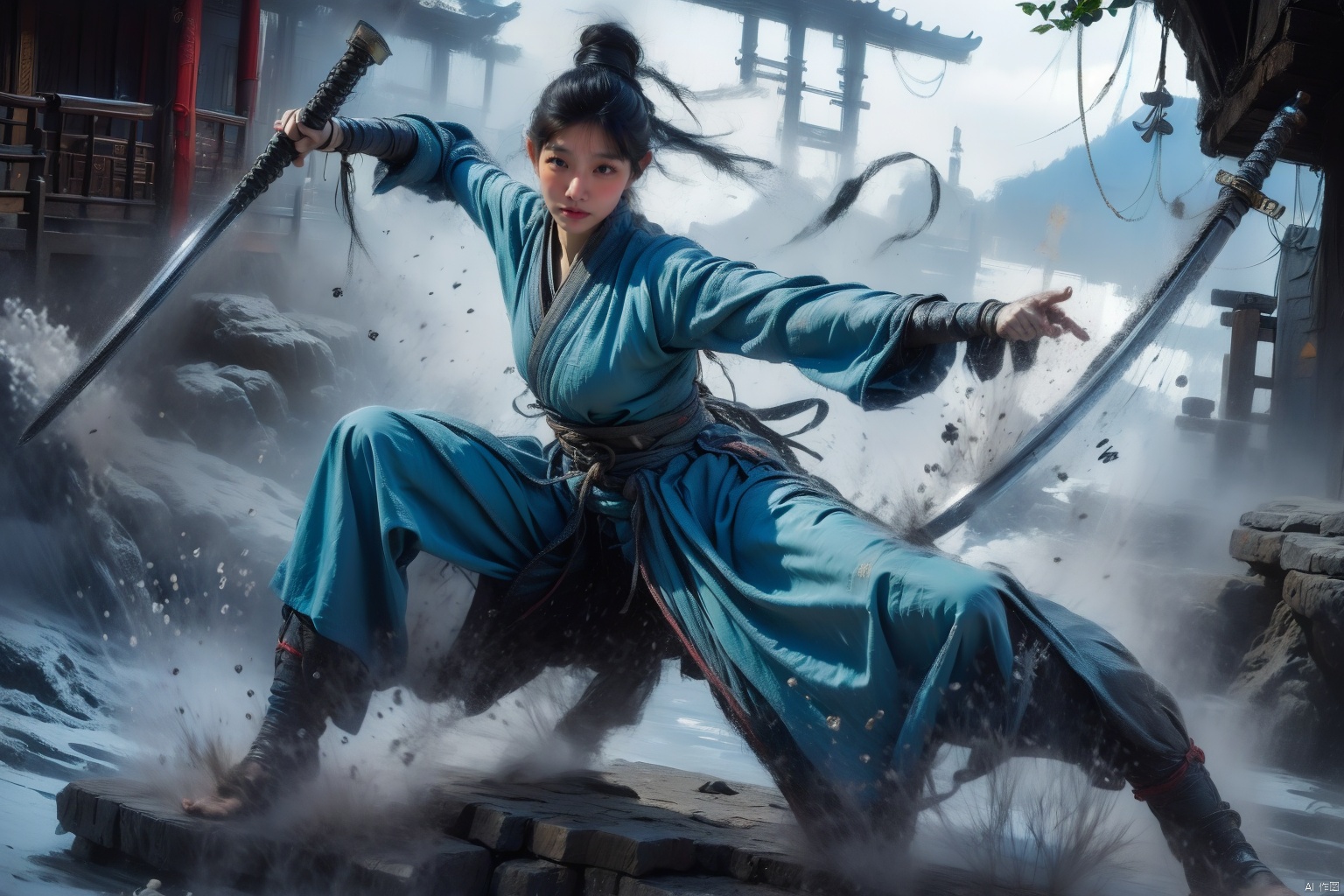 masterpiece,highres,best quality,1 girI  Practicing swordsmanship by the river,chinese immortal,chinese clothes,lora:仙侠古装_仙侠1.3【chinese immortal,chinese clothes,1gir】:0.6,lora:Xian-T手部修复_v3.0:1,lora:SYK_Mild detail adjuster_V1.0_4（MINI）