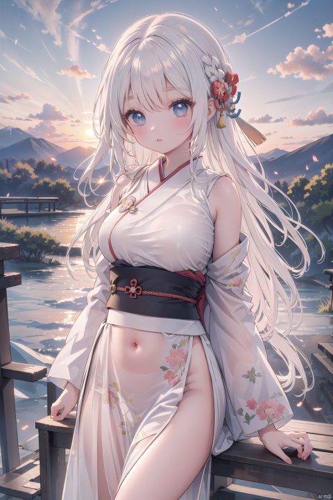 animal, white_hair, cloud, cloudy_sky, fire, japanese_clothes, long_hair, mountain, outdoors, skirt, sky, sunrise, sunset, twilight, wide_sleeves,see-through,Exposing the navel,Exposing the navel,Bare shoulder