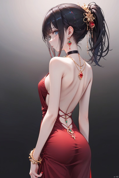  nai3, 1girl, solo,red dress,  jewelry, blue eyes, ponytail, black hair, earrings, red nails, black dress, long hair, simple background, from behind, looking at viewer, looking back, bare shoulders, nail polish, bangs, backless outfit, choker, backless dress, profile, back, necklace, cowboy shot, gem, bracelet, hair ornament