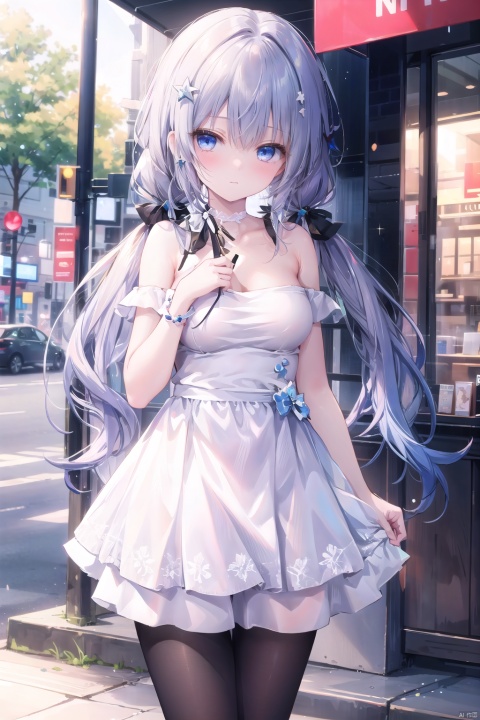  bare shoulders,1girl,white long hair,(low twintails:1.2),medium breast,white pantyhose,blue eye,collarbone,(bare shoulders),Stockings,star pattern,outdoor,white dress,standing,idol,NFSW,nude,r18,exposed,blush, miniJK, sd