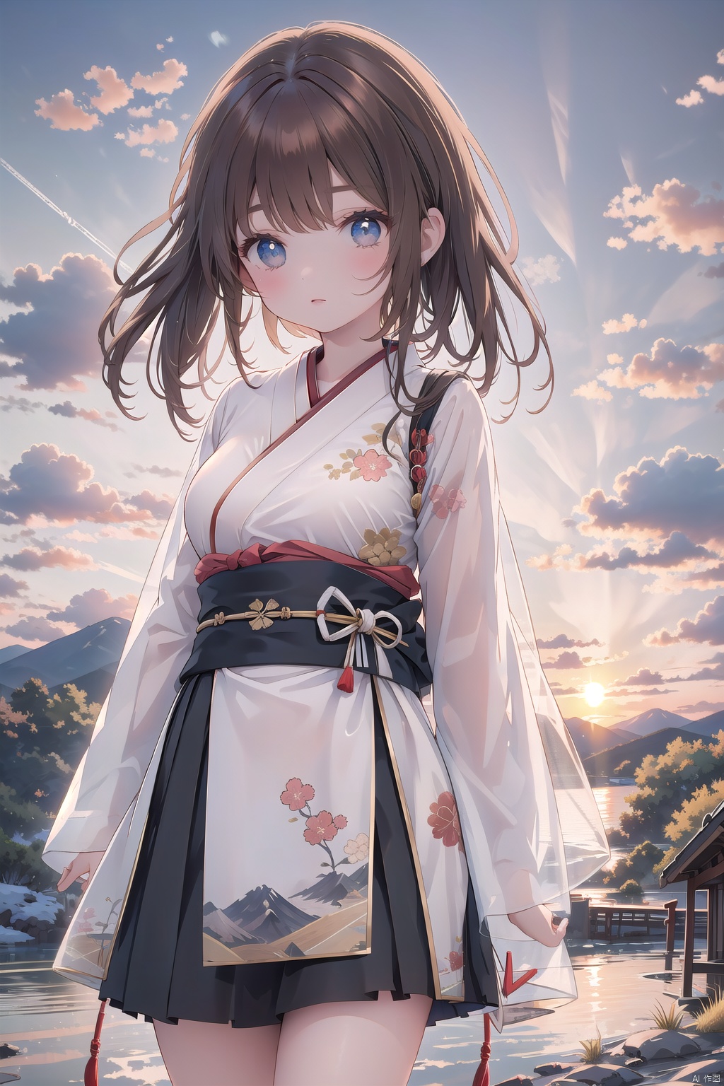 animal, brown_hair, cloud, cloudy_sky, fire, japanese_clothes, long_hair, mountain, outdoors, skirt, sky, sunrise, sunset, twilight, wide_sleeves,see-through