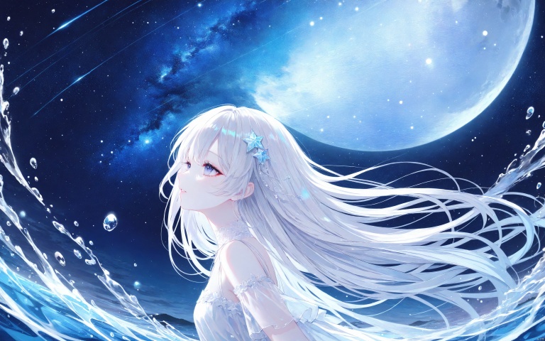 (masterpiece), (best quality), illustration, ultra detailed, hdr, Depth of field, (colorful),[Artist:wlop],[[Artist:sheya]],Artist:hiten_(hitenkei),1girl, solo, long hair, looking up, sky, star \(sky\), white hair, night, water, dress, night sky, starry sky, reaching, profile, hair ornament, see-through,moon