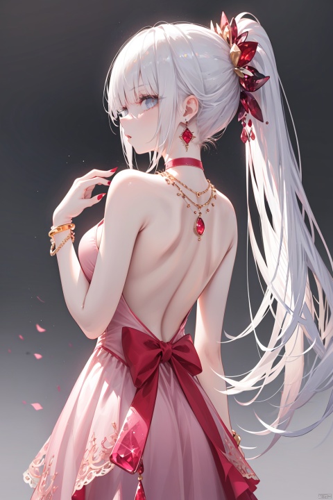  nai3, 1girl, solo,pink dress,  jewelry, blue eyes, ponytail, white hair, earrings, red nails, long hair, simple background, from behind, looking at viewer, looking back, bare shoulders, nail polish, bangs, backless outfit, choker, backless dress, profile, back, necklace, cowboy shot, gem, bracelet, hair ornament