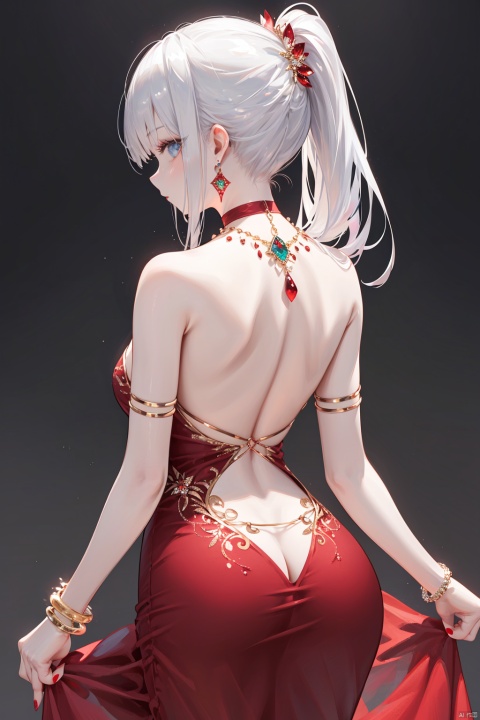  nai3, 1girl, solo,red dress,  jewelry, blue eyes, ponytail, white hair, earrings, red nails, long hair, simple background, from behind, looking at viewer, looking back, bare shoulders, nail polish, bangs, backless outfit, choker, backless dress, profile, back, necklace, cowboy shot, gem, bracelet, hair ornament
