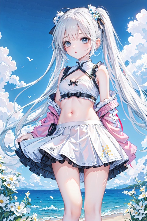 masterpiece,best quality, Perfect hand,highly detailed, kasugano sora,1girl,solo,twintails,looking at viewer,hair ribbon,blush,white hair,Double ponytail,Bow hair accessories,backlight,yifu,White Short skirt,ruanyi0559,cuteloli,zb spring, anime cloud,Outdoor background, blue sky, white clouds,Bare shoulder,Exposing the navel,Cleavage of breast,Sleeveless T shirt,Pink stockings,blush