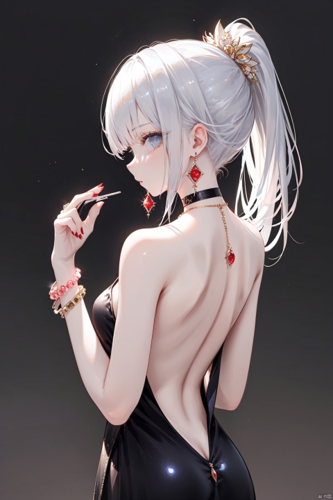  nai3, 1girl, solo,white dress,  jewelry, blue eyes, ponytail, white hair, earrings, red nails, black dress, long hair, simple background, from behind, looking at viewer, looking back, bare shoulders, nail polish, bangs, backless outfit, choker, backless dress, profile, back, necklace, cowboy shot, gem, bracelet, hair ornament