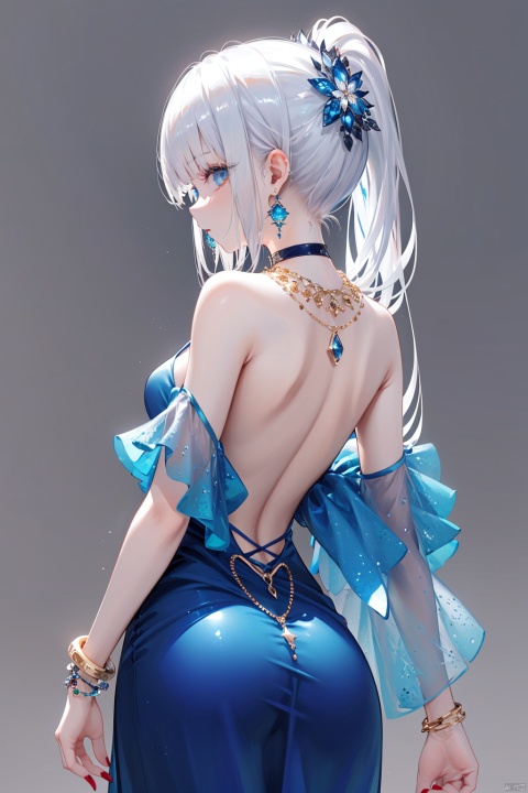  nai3, 1girl, solo,blue dress,  jewelry, blue eyes, ponytail, white hair, earrings, red nails, long hair, simple background, from behind, looking at viewer, looking back, bare shoulders, nail polish, bangs, backless outfit, choker, backless dress, profile, back, necklace, cowboy shot, gem, bracelet, hair ornament