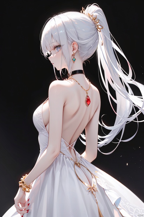 nai3, 1girl, solo,white dress,  jewelry, blue eyes, ponytail, white hair, earrings, red nails, long hair, simple background, from behind, looking at viewer, looking back, bare shoulders, nail polish, bangs, backless outfit, choker, backless dress, profile, back, necklace, cowboy shot, gem, bracelet, hair ornament