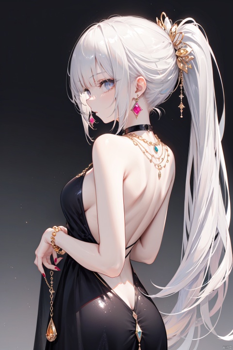  nai3, 1girl, solo,pink dress,  jewelry, blue eyes, ponytail, white hair, earrings, red nails, black dress, long hair, simple background, from behind, looking at viewer, looking back, bare shoulders, nail polish, bangs, backless outfit, choker, backless dress, profile, back, necklace, cowboy shot, gem, bracelet, hair ornament