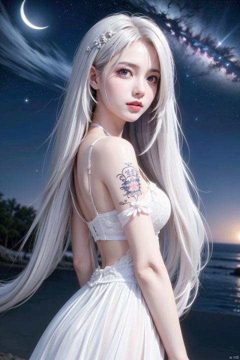  (masterpiece, top quality, best quality, official art, beautiful and aesthetic:1.2),gf-hd, 1girl, solo, long hair, looking up, sky, star \(sky\), white hair, night, water, silvery Erotic lingerie, night sky, starry sky, reaching, front, hair ornament, see-through, Starry Sky Skirt,tattooing