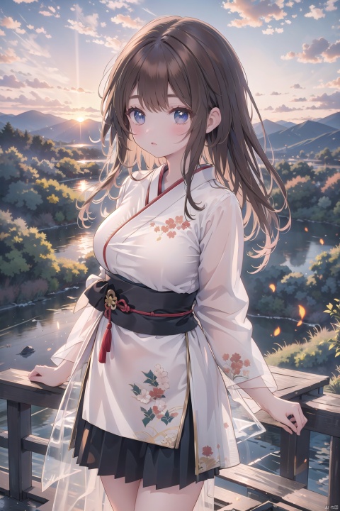 animal, brown_hair, cloud, cloudy_sky, fire, japanese_clothes, long_hair, mountain, outdoors, skirt, sky, sunrise, sunset, twilight, wide_sleeves,see-through