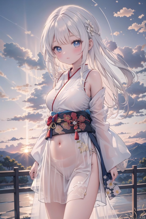 animal, white_hair, cloud, cloudy_sky, fire, japanese_clothes, long_hair, mountain, outdoors, skirt, sky, sunrise, sunset, twilight, wide_sleeves,see-through,Exposing the navel,Exposing the navel,Bare shoulder