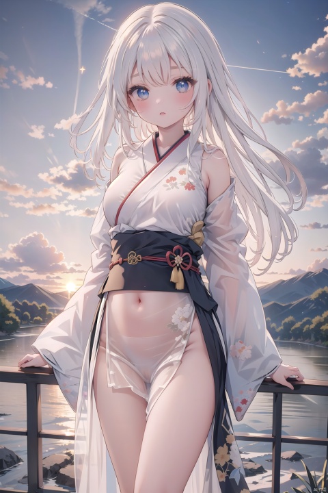 animal, white_hair, cloud, cloudy_sky, fire, japanese_clothes, long_hair, mountain, outdoors, skirt, sky, sunrise, sunset, twilight, wide_sleeves,see-through,Exposing the navel,Exposing the navel,Bare shoulder