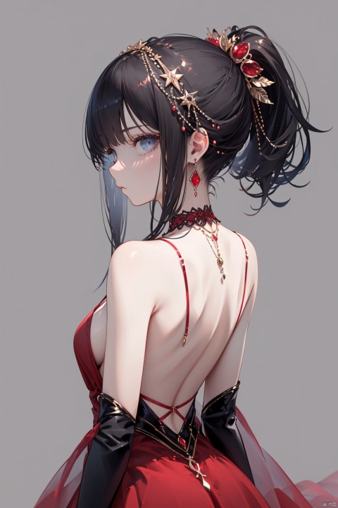  nai3, 1girl, solo,red dress,  jewelry, blue eyes, ponytail, black hair, earrings, red nails, black dress, long hair, simple background, from behind, looking at viewer, looking back, bare shoulders, nail polish, bangs, backless outfit, choker, backless dress, profile, back, necklace, cowboy shot, gem, bracelet, hair ornament