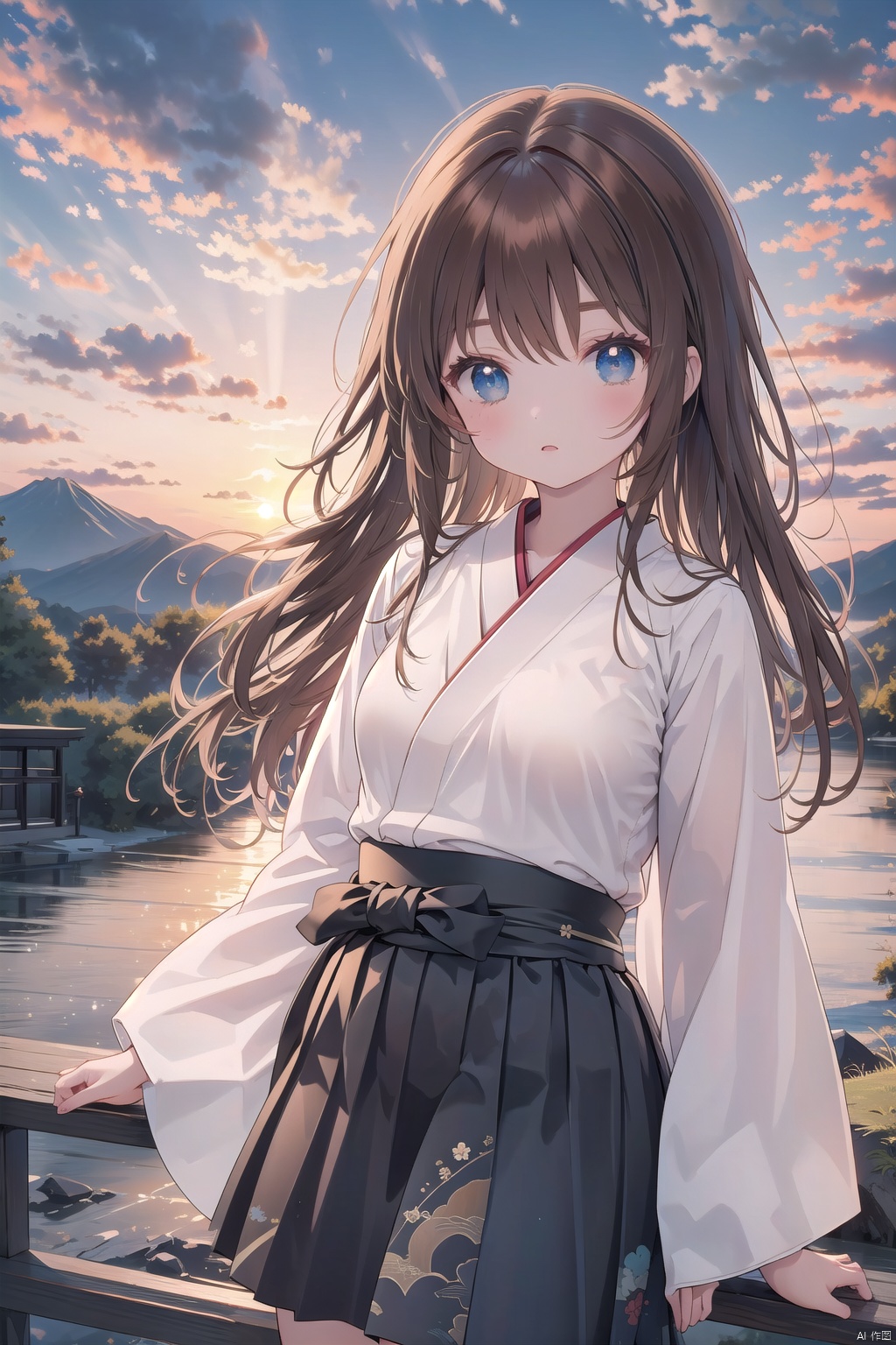 animal, brown_hair, cloud, cloudy_sky, fire, japanese_clothes, long_hair, mountain, outdoors, skirt, sky, sunrise, sunset, twilight, wide_sleeves