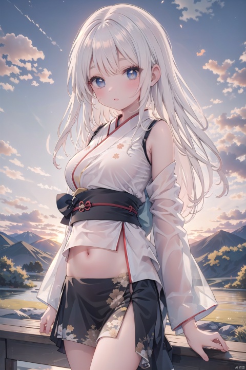 animal, white_hair, cloud, cloudy_sky, fire, japanese_clothes, long_hair, mountain, outdoors, skirt, sky, sunrise, sunset, twilight, wide_sleeves,see-through,Exposing the navel,Exposing the navel,Bare shoulder