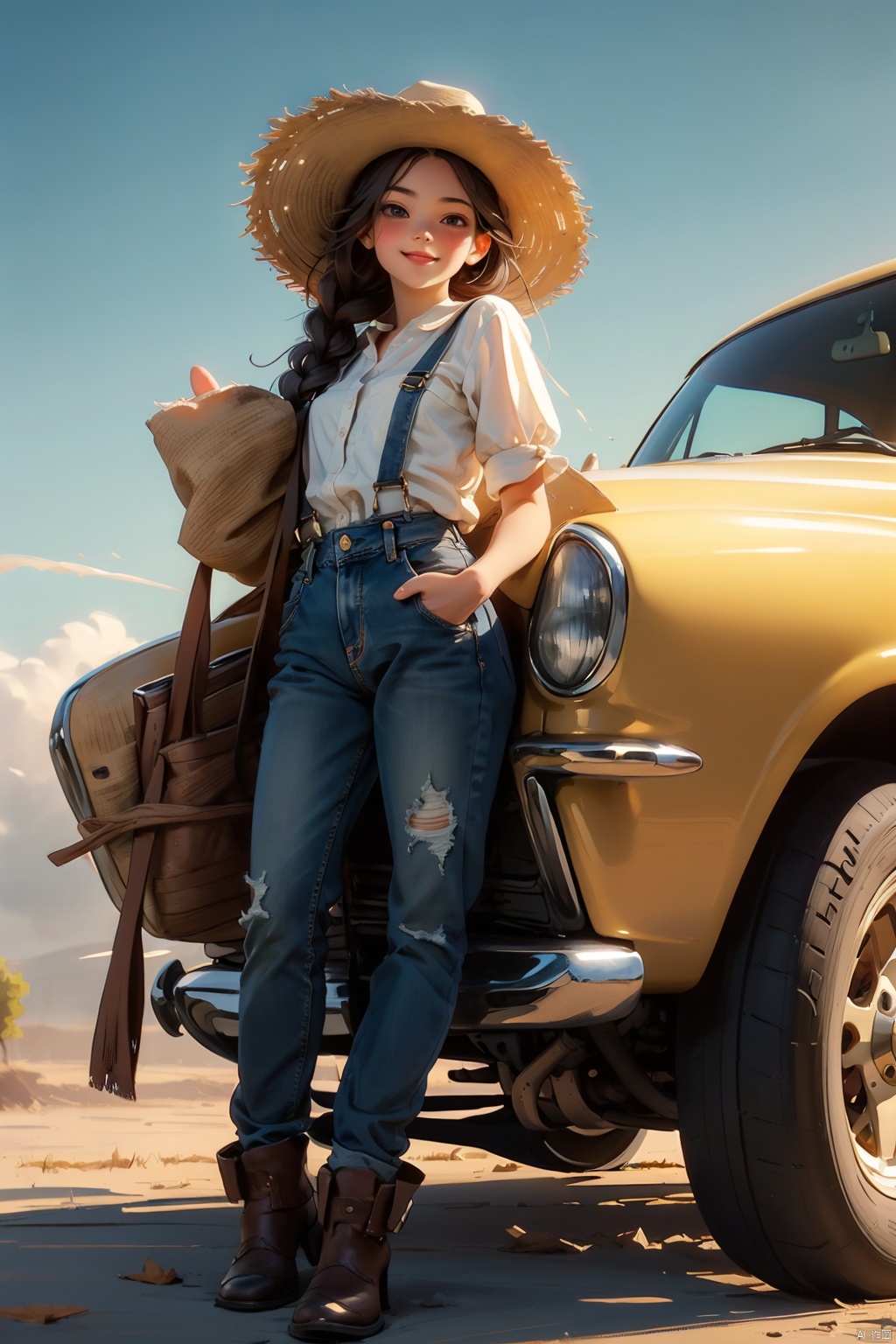 masterpiece, best quality, 8K,illustration, colorful, The rich visuals depict the joy of outdoor travel. car  Vacation girl, a girl wearing black suspenders and jeans, This is a very thin girl, not very plump, Black Fried Dough Twists Braid and black eyes, Sitting on the ground with your back against a yellow car. Wearing a cowboy hat on the head , best qualityhighly detailed, realistic rendering, Cute Smiling Girl。This painting captures the essence of innocence, beauty, and joy, making it a beautiful and captivating artwork, Fully express the joy of the character's vacatin, The girl should be thinner, Girls' clothes should not be too revealing , Hair fluttering in the wind