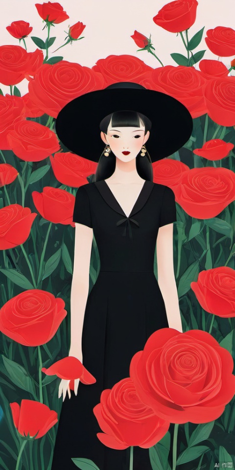 (Flat color: 1.2) Imitate Herm è s illustration style, with a white background, showcasing the style guidance of the fashion brand. The exhibition showcases a fashionable girl's fantasy myth of spring; High definition, soft, and clear image quality; Clear and complete facial features, visually adding black dress girl and red rose garden、 black hat