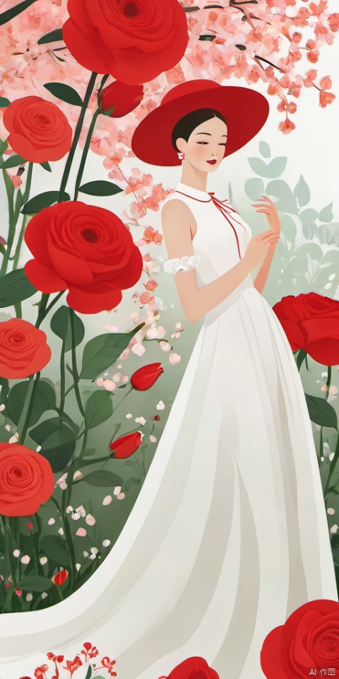 (Flat color: 1.2) Imitate Herm è s illustration style, with a white background, showcasing the fashion brand's style guidance. The exhibition showcases a fashionable girl's fantasy myth of spring; High definition, soft, and clear image quality; Clear and complete facial features, visually adding a white dress girl and a red rose garden (with red floral patterns on the white dress)