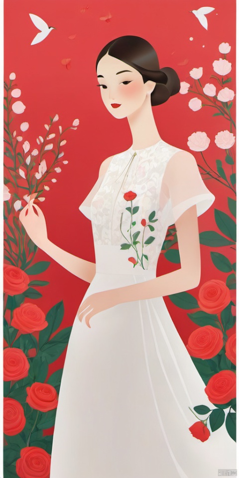 (Flat color: 1.2) Imitate Herm è s illustration style, with a white background, showcasing the fashion brand's style guidance. The exhibition showcases a fashionable girl's fantasy myth of spring; High definition, soft, and clear image quality; Clear and complete facial features, visually adding a white dress girl and a red rose garden (with small floral fragments on the white dress)